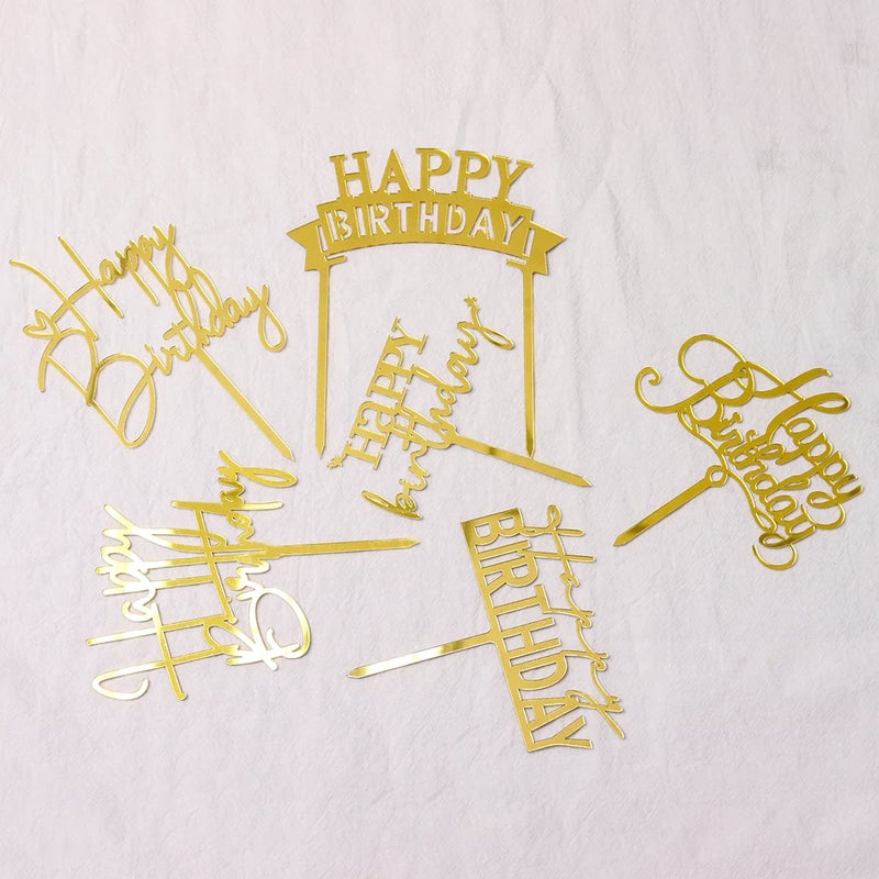 Hazyore Gold Birthday Cake Topper  6pcs Acrylic Birthday Cake Toppers Happy Birthday Cake Toppers for Birthday Decorations Gold Topper for Girls Women's Party Decorations - Image 3